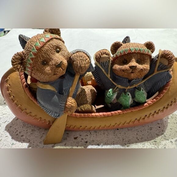 Teddy Bear Tales Thanksgiving Figurine, 2 Indian Bears In Canoe w/ Turkey - Picture 3 of 8